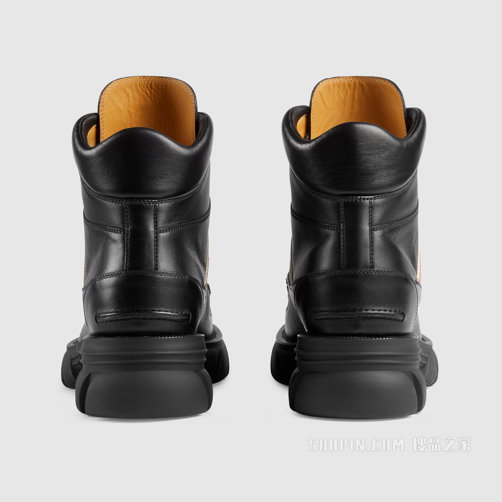 男士互扣式双G踝靴 黑色皮革