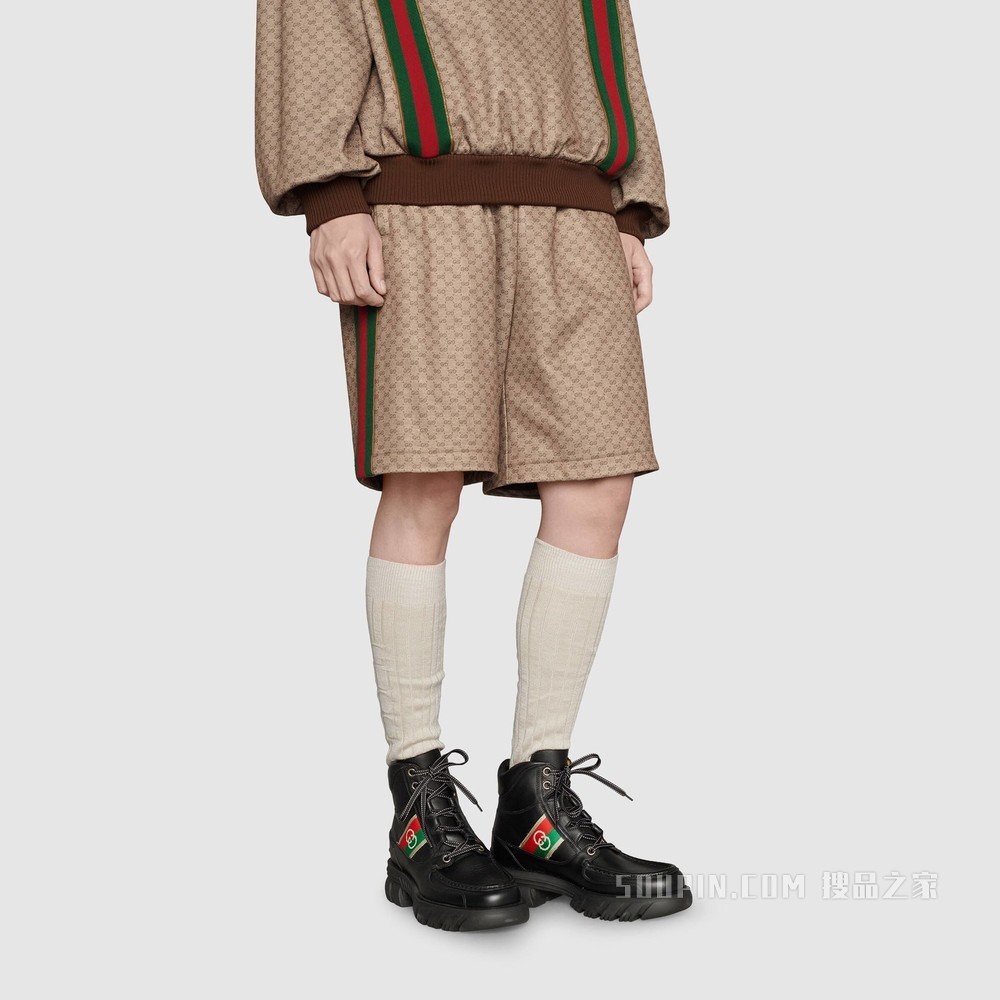 男士互扣式双G踝靴 黑色皮革