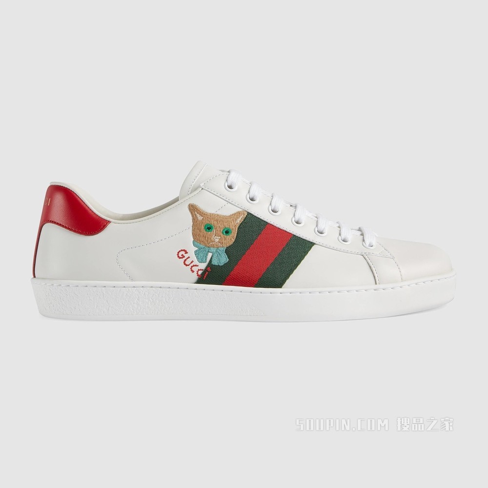 Ace系列男士猫咪刺绣运动鞋 白色皮革