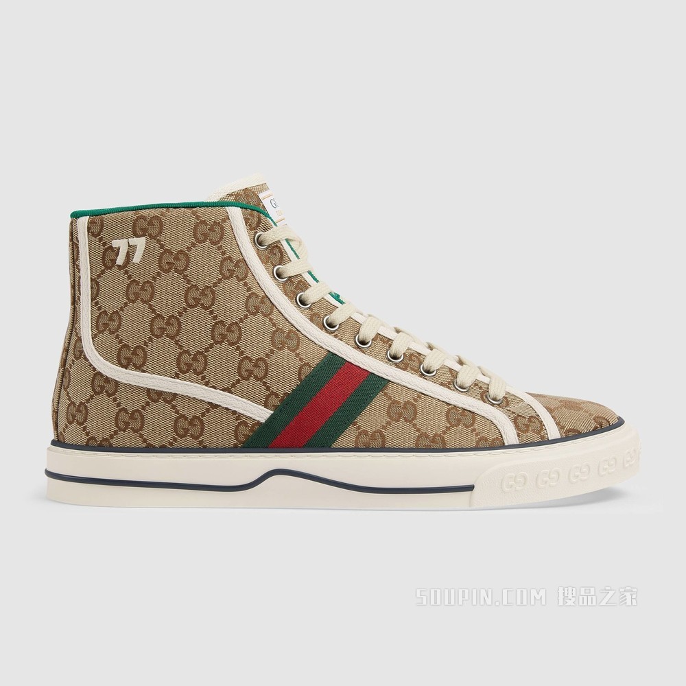 Gucci Tennis 1977系列男士高帮运动鞋 米色和乌木色GG帆布