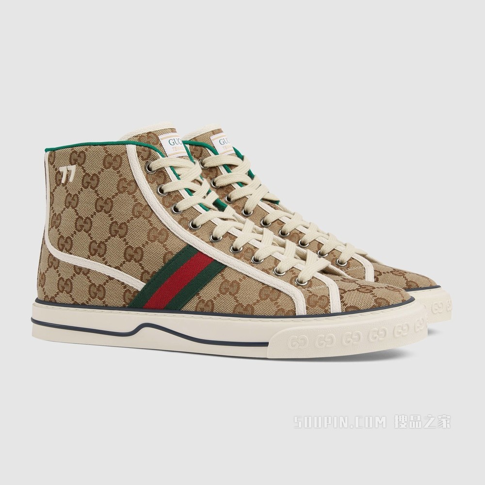 Gucci Tennis 1977系列男士高帮运动鞋 米色和乌木色GG帆布