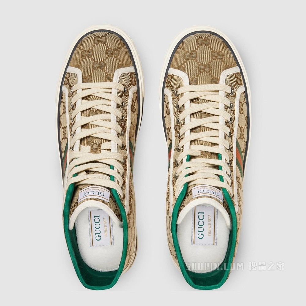 Gucci Tennis 1977系列男士高帮运动鞋 米色和乌木色GG帆布