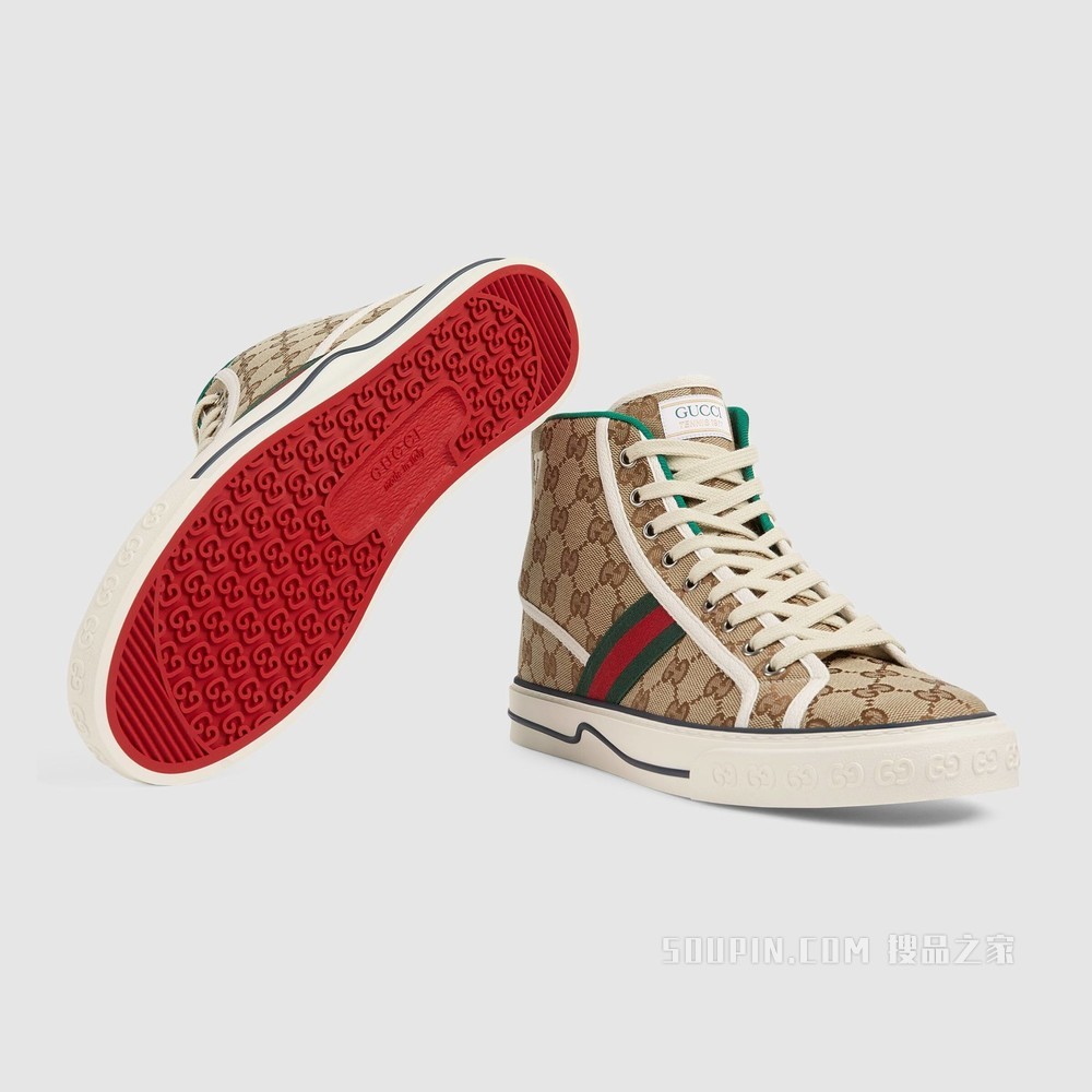 Gucci Tennis 1977系列男士高帮运动鞋 米色和乌木色GG帆布