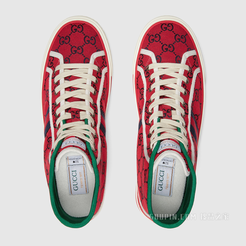 古驰520特别系列Tennis 1977男士高帮运动鞋 红色和蓝色GG帆布