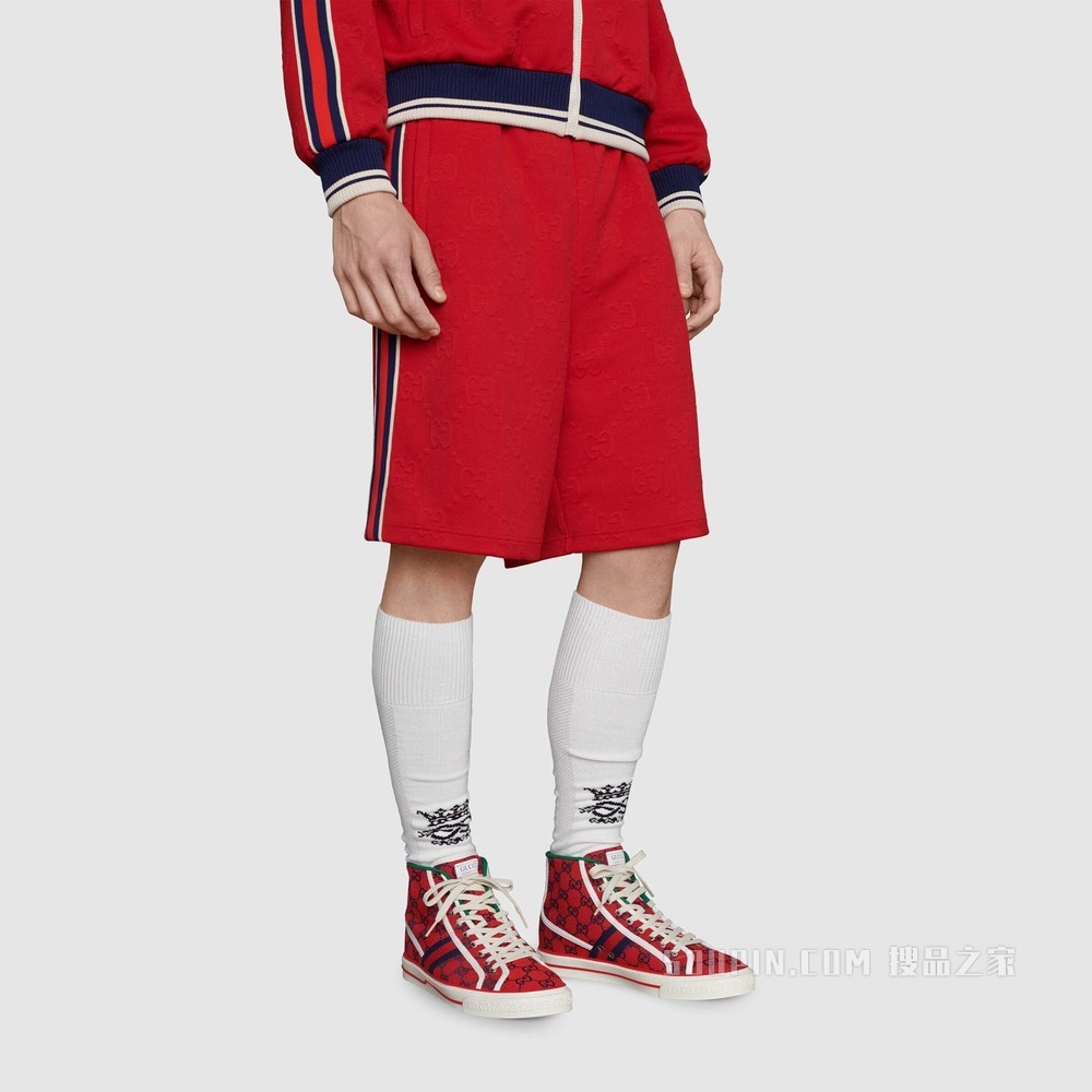 古驰520特别系列Tennis 1977男士高帮运动鞋 红色和蓝色GG帆布