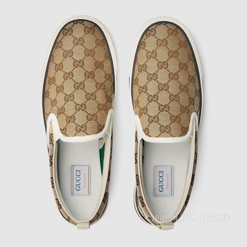 Gucci Tennis 1977系列男士便鞋 米色和乌木色GG帆布