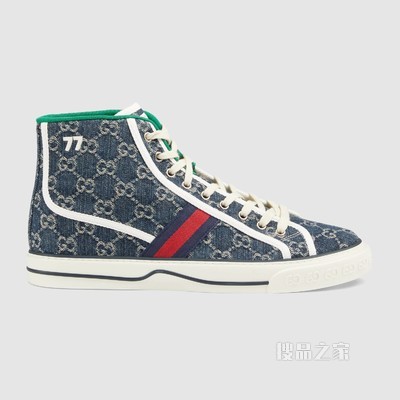 GG Denim系列Tennis 1977男士高帮运动鞋 蓝色和象牙白色双G提花丹宁面料