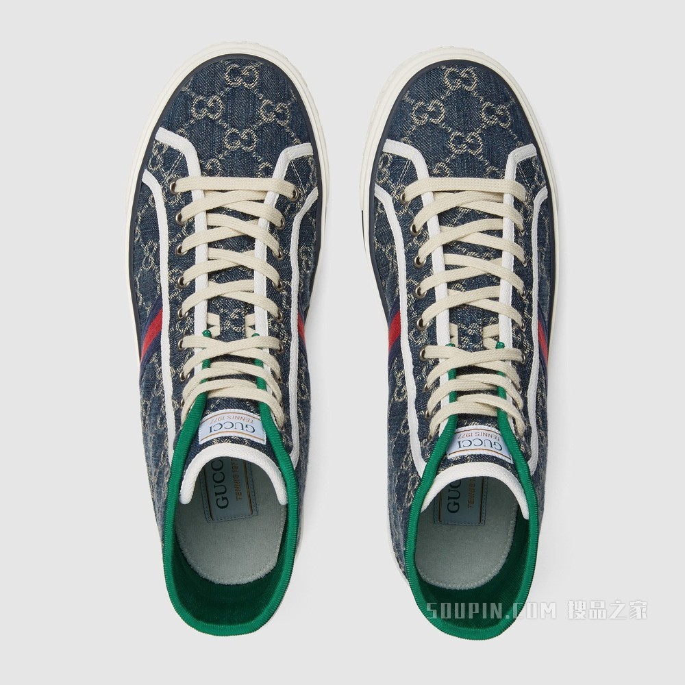 GG Denim系列Tennis 1977男士高帮运动鞋 蓝色和象牙白色双G提花丹宁面料