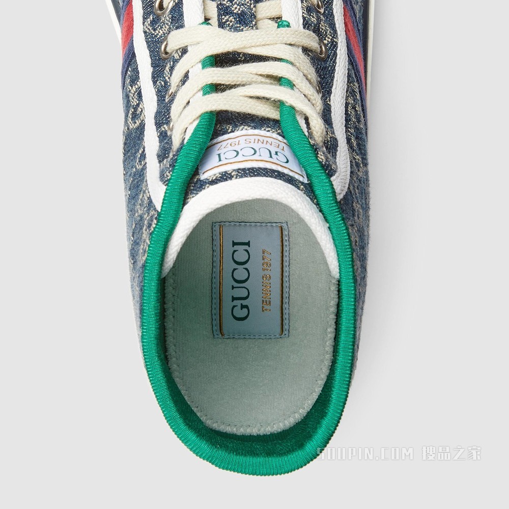 GG Denim系列Tennis 1977男士高帮运动鞋 蓝色和象牙白色双G提花丹宁面料