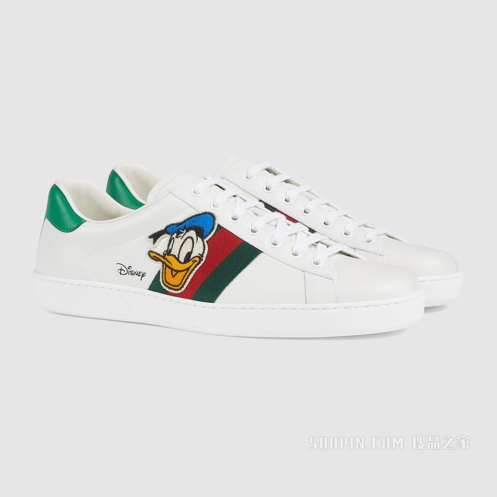 Disney x Gucci Ace系列唐老鸭印花男士运动鞋 白色皮革