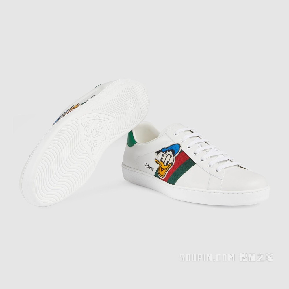 Disney x Gucci Ace系列唐老鸭印花男士运动鞋 白色皮革