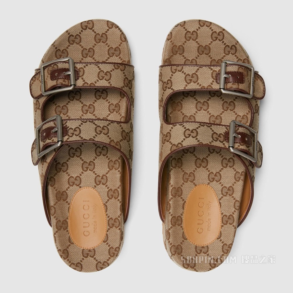 男士绑带拖鞋 米色和乌木色GG帆布