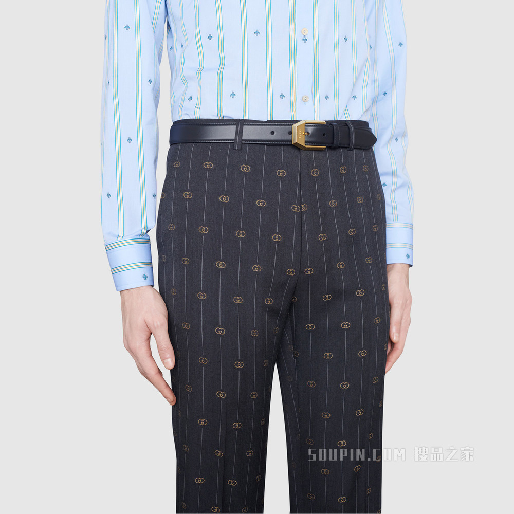 方形搭扣皮革腰带 黑色皮革