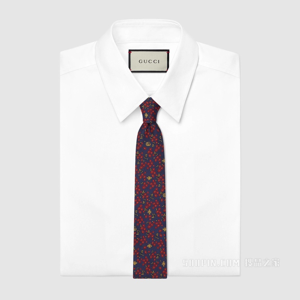 花朵蜜蜂印花真丝领带 深蓝色和红色