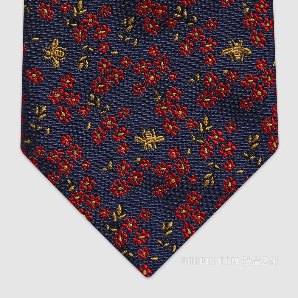 花朵蜜蜂印花真丝领带 深蓝色和红色