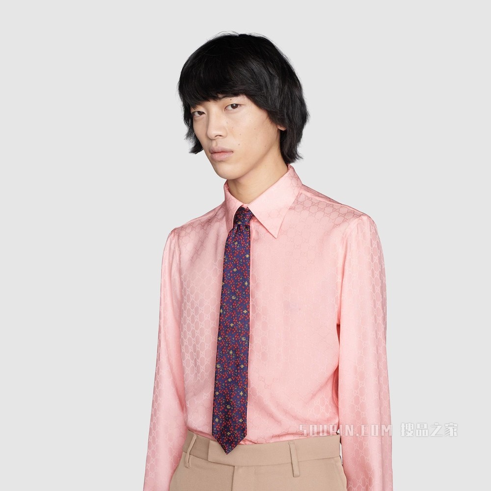 花朵蜜蜂印花真丝领带 深蓝色和红色