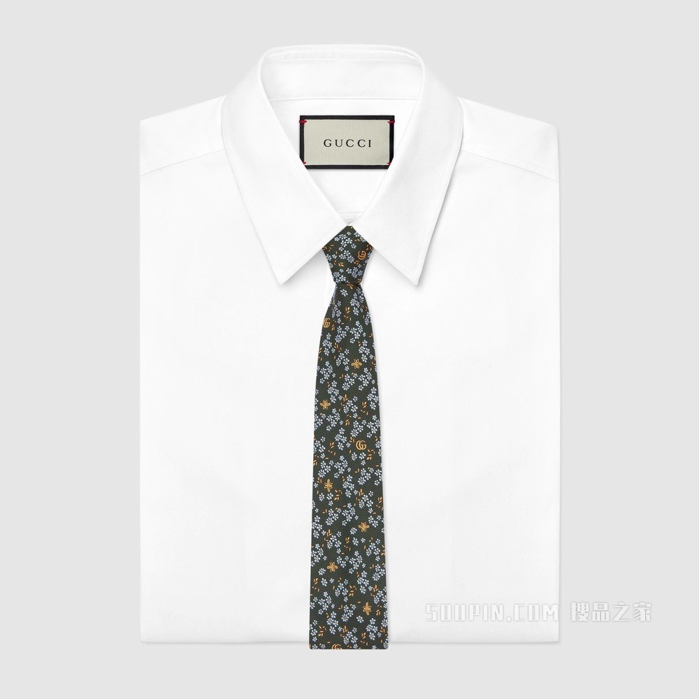 花朵蜜蜂印花真丝领带 绿色和浅蓝色