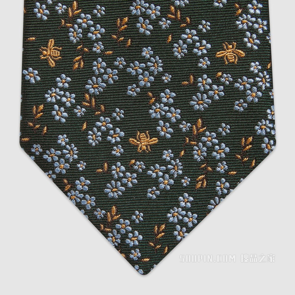 花朵蜜蜂印花真丝领带 绿色和浅蓝色