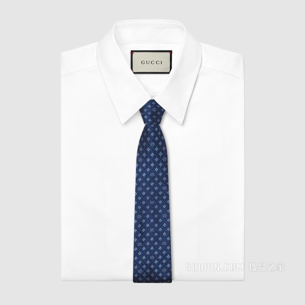 GG和三叶草真丝领带 蓝色GG和三叶草真丝