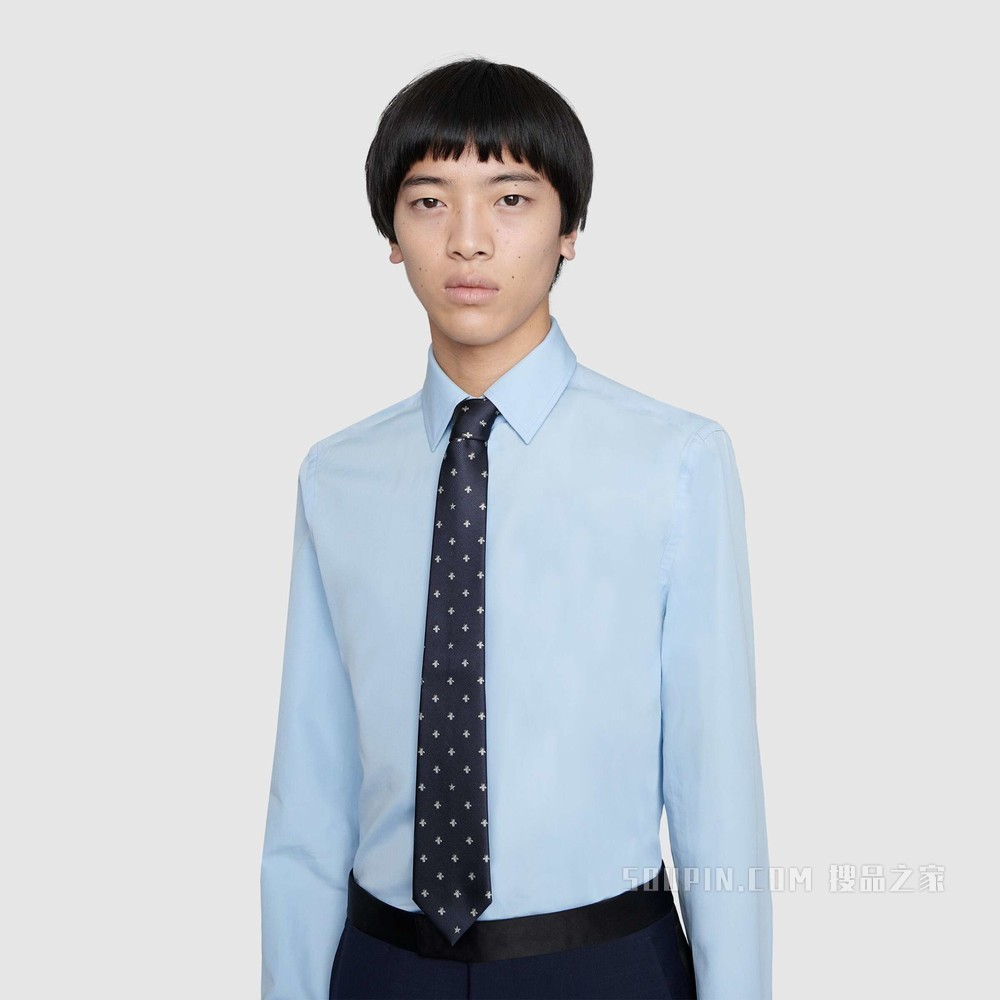 蜜蜂图案真丝领带 蔚蓝色真丝