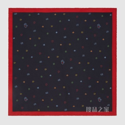 标志印花真丝口袋巾 蓝色标志性符号印花