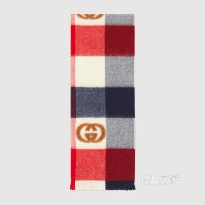 互扣式双G格纹羊毛围巾 海军蓝和红色