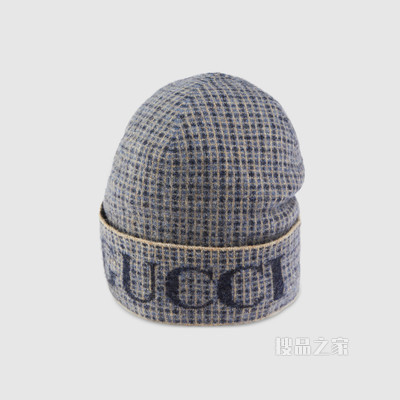 饰Gucci标识格纹羊毛针织帽 深蓝色和蓝色