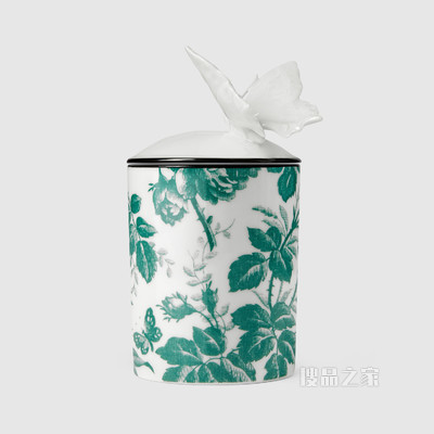 Herbosum香型中号饰腊叶印花和蝴蝶烛台 绿色腊叶
