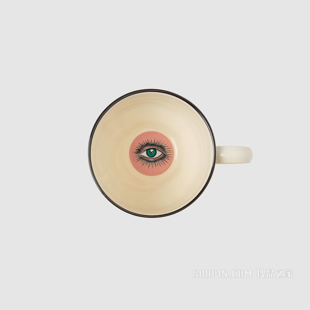 加大号星眼印花茶杯和杯托（双套组） 象牙白瓷质