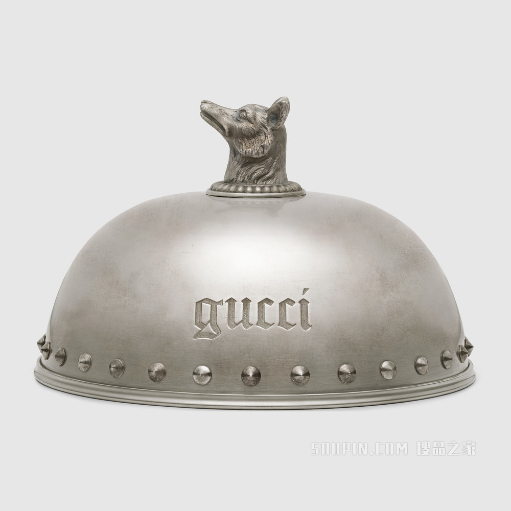 饰狼头钟形餐盘罩 镀银黄铜