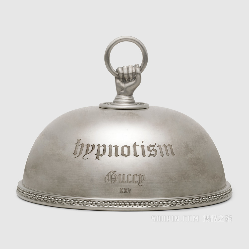 饰手握圆环钟形餐盘罩 镀银黄铜