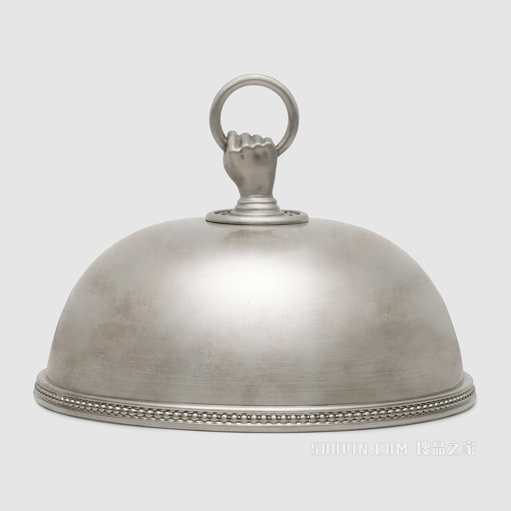 饰手握圆环钟形餐盘罩 镀银黄铜