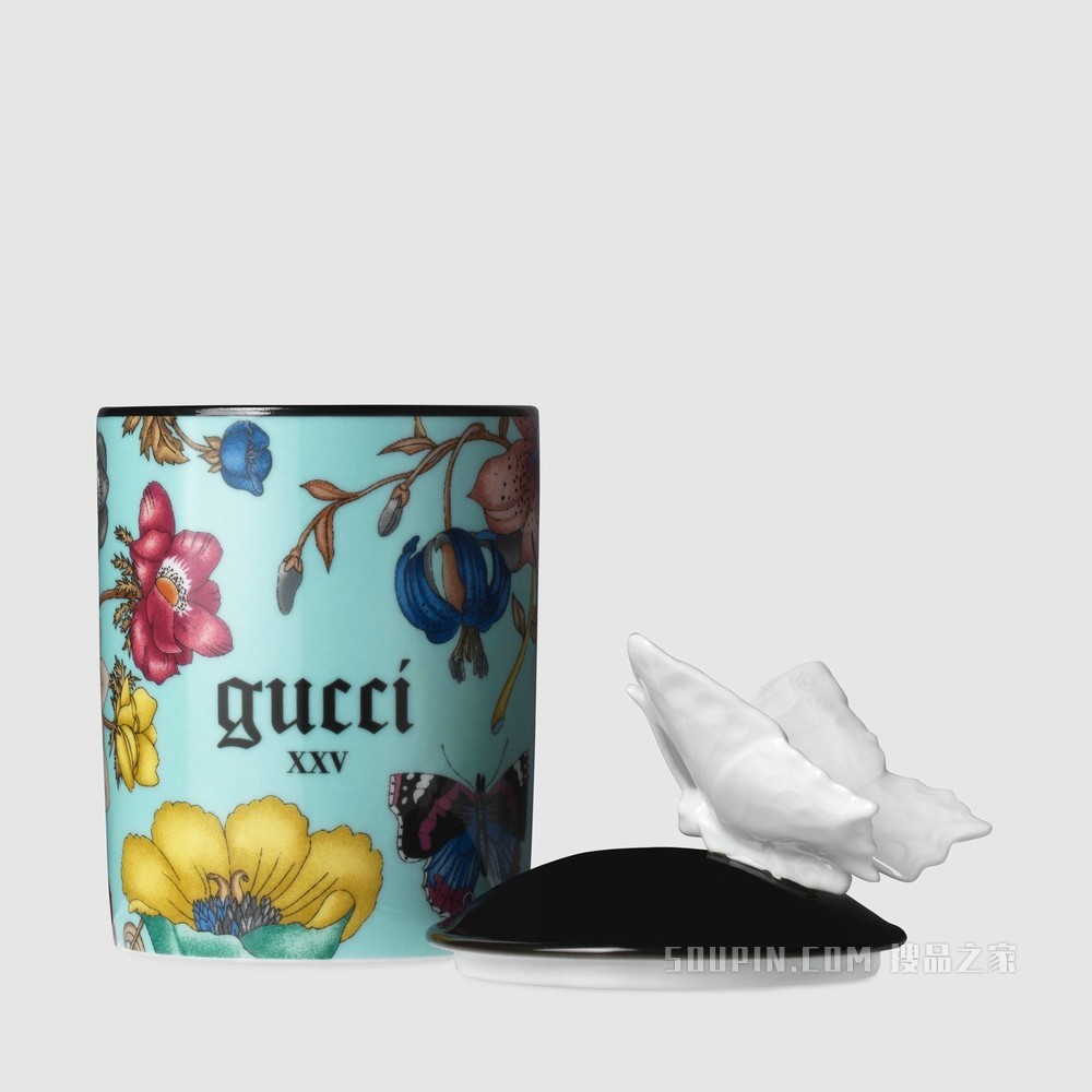 Inventum香型花卉印花中号烛台 浅蓝色Richard Ginori瓷质