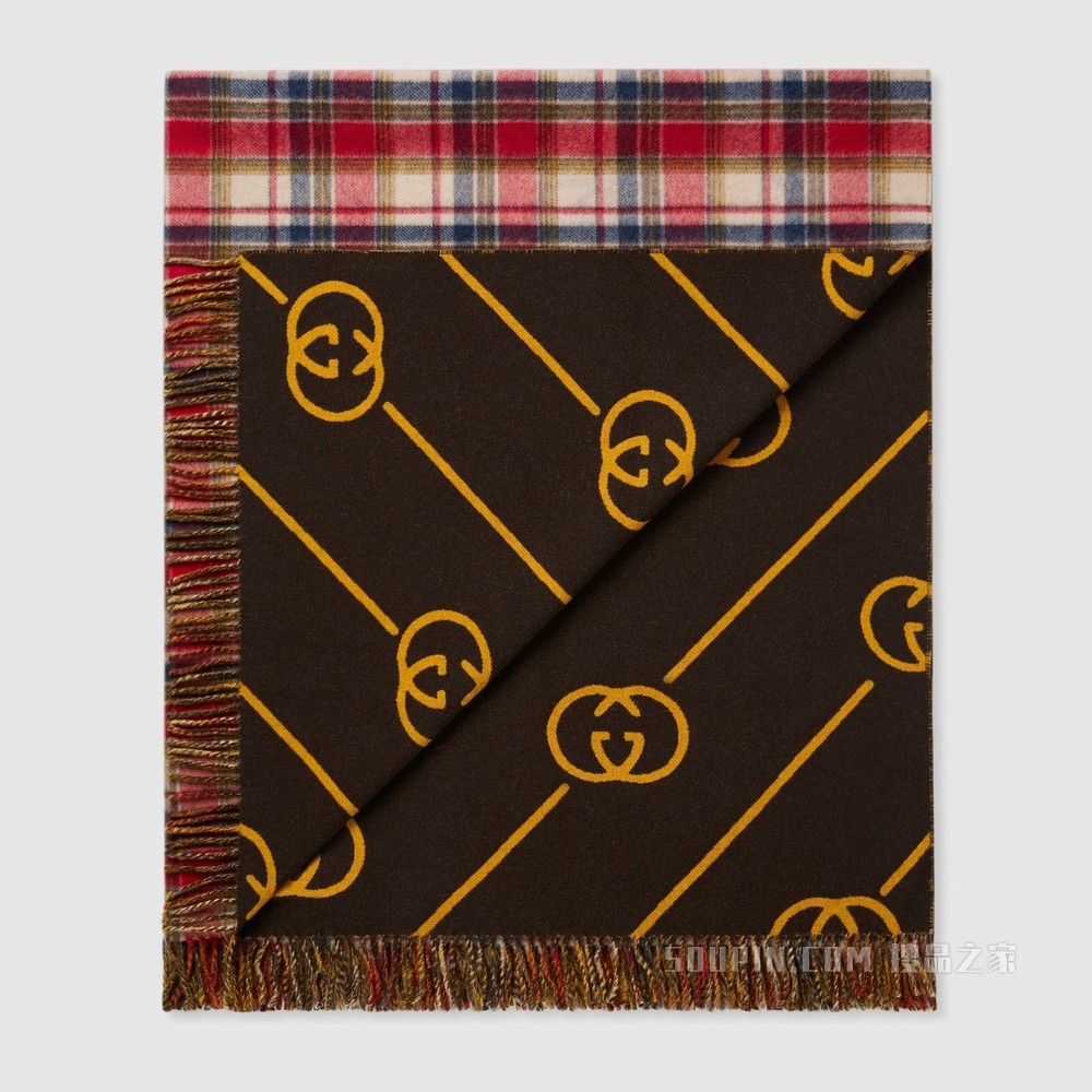 互扣式双G格纹羊毛盖毯 绿色和棕色