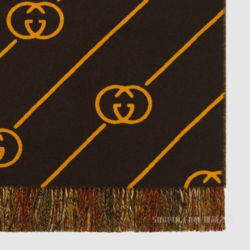 互扣式双G格纹羊毛盖毯 绿色和棕色