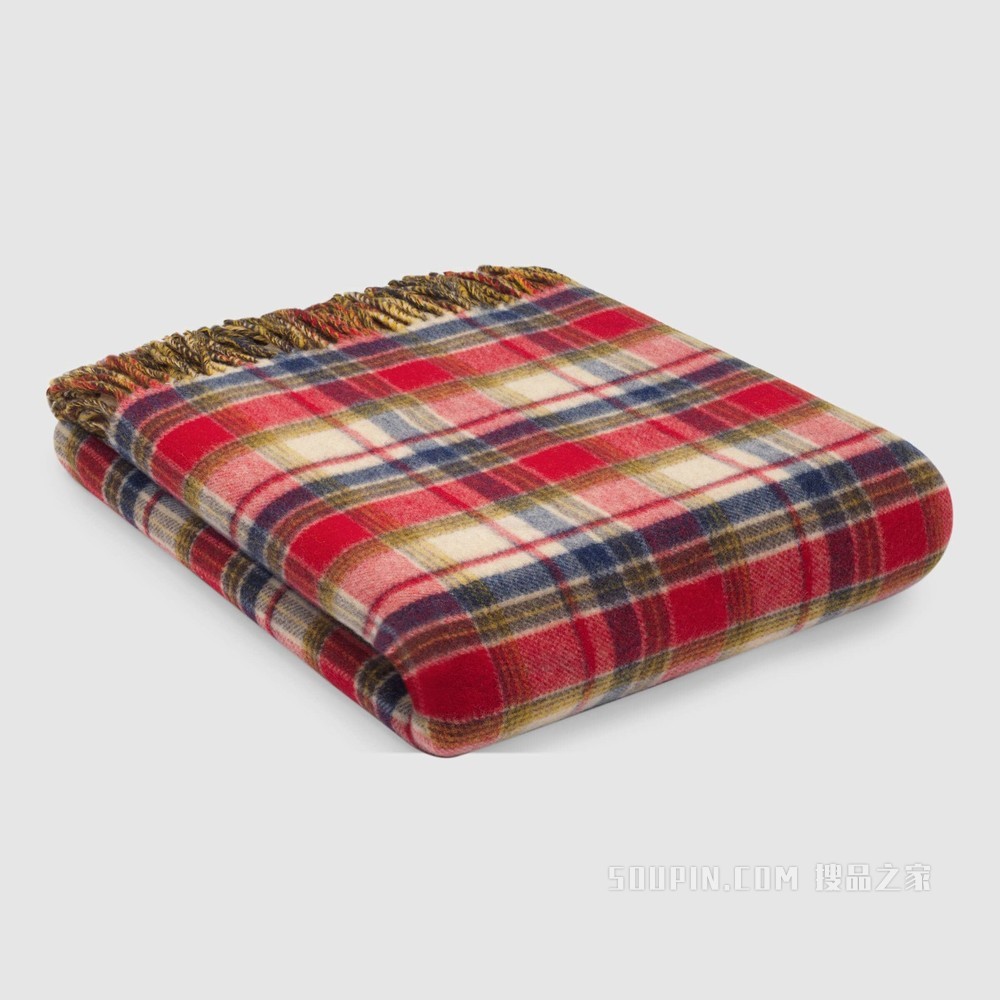 互扣式双G格纹羊毛盖毯 绿色和棕色