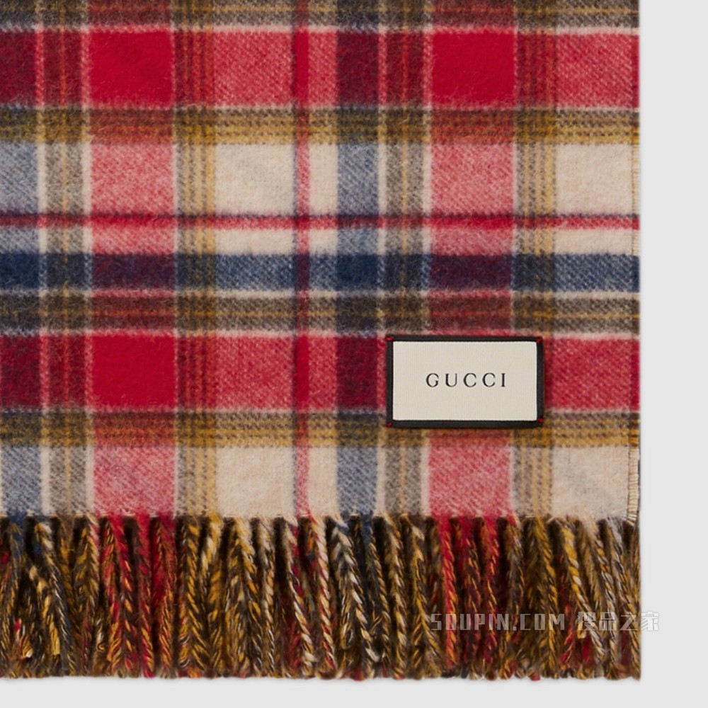 互扣式双G格纹羊毛盖毯 绿色和棕色