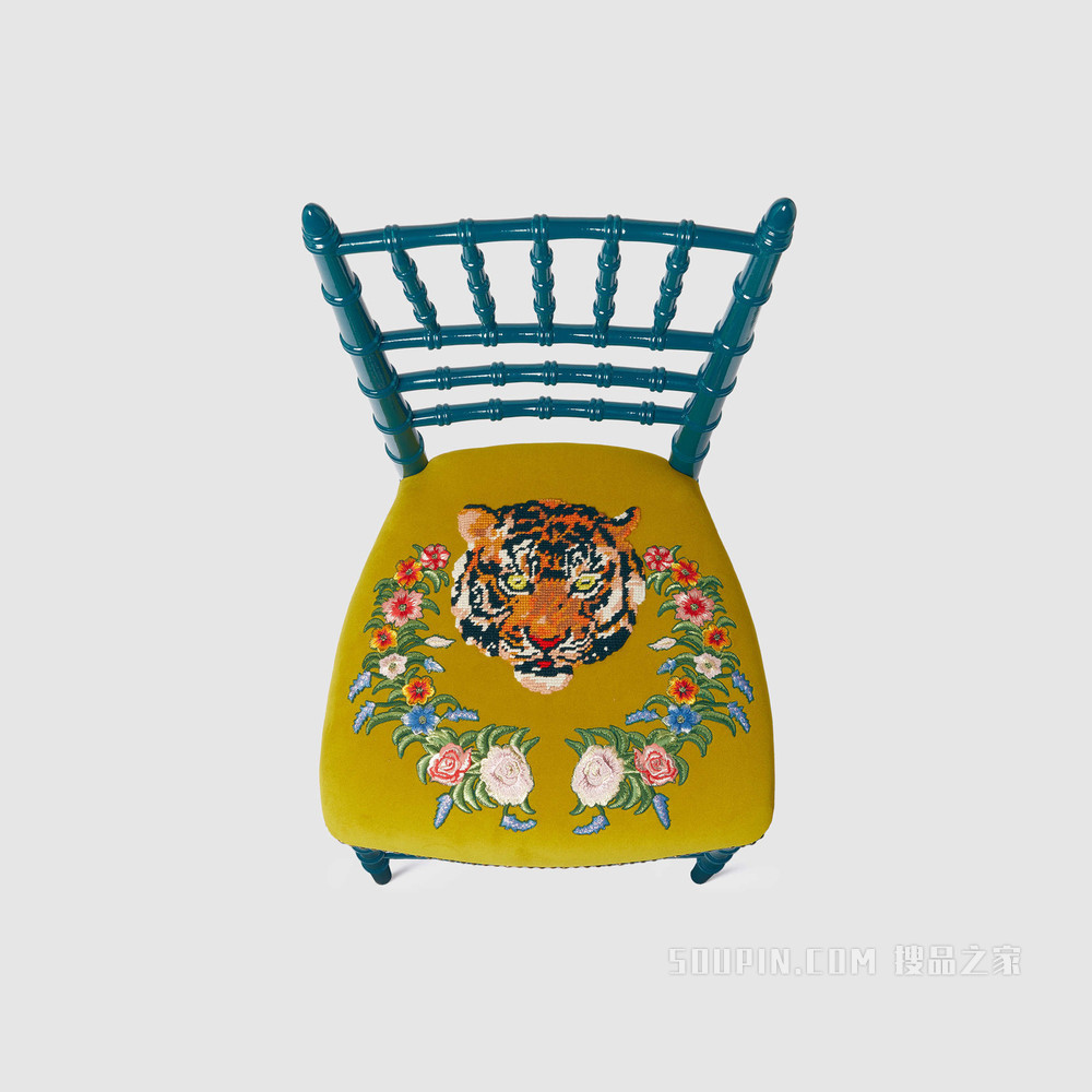 老虎图案刺绣椅子 孔雀蓝实木