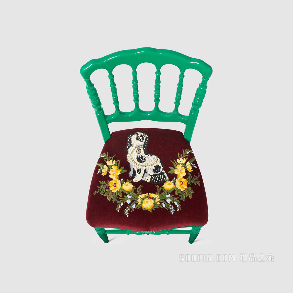 西班牙猎犬图案刺绣椅子 绿色实木