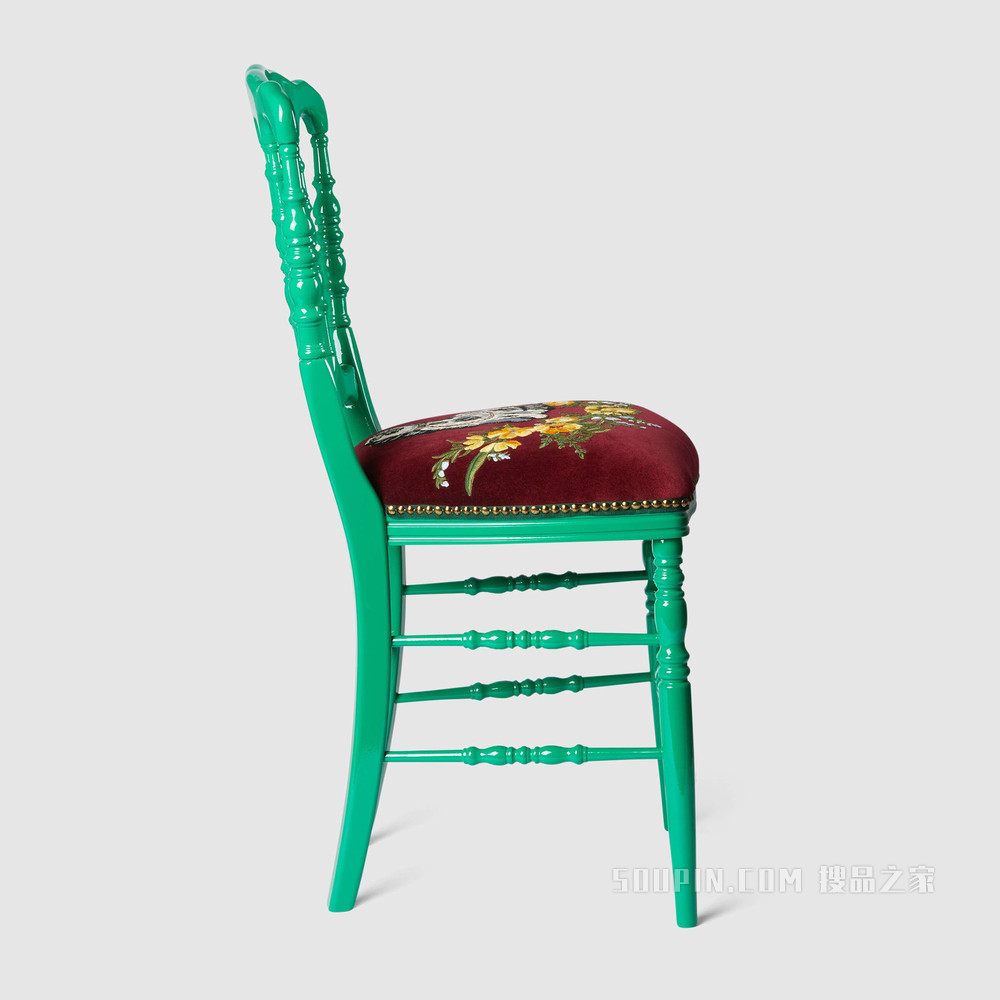 西班牙猎犬图案刺绣椅子 绿色实木