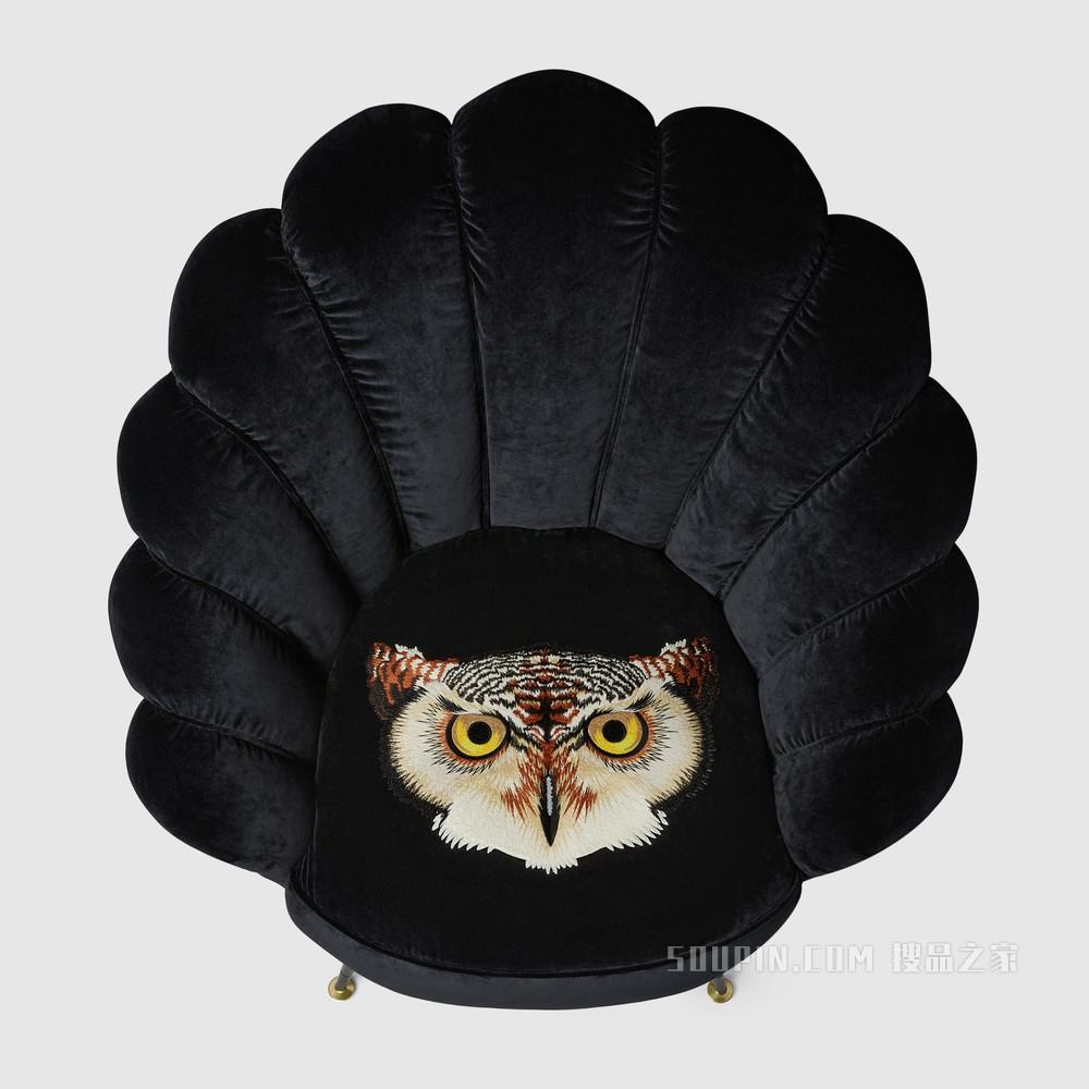 猫头鹰刺绣天鹅绒扶手椅 黑色天鹅绒