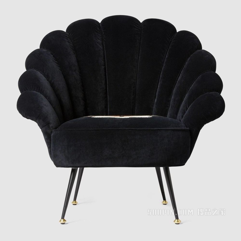 猫头鹰刺绣天鹅绒扶手椅 黑色天鹅绒