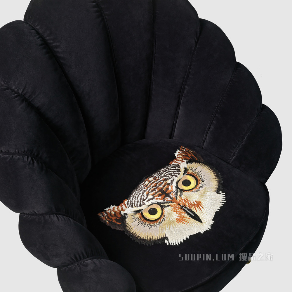 猫头鹰刺绣天鹅绒扶手椅 黑色天鹅绒