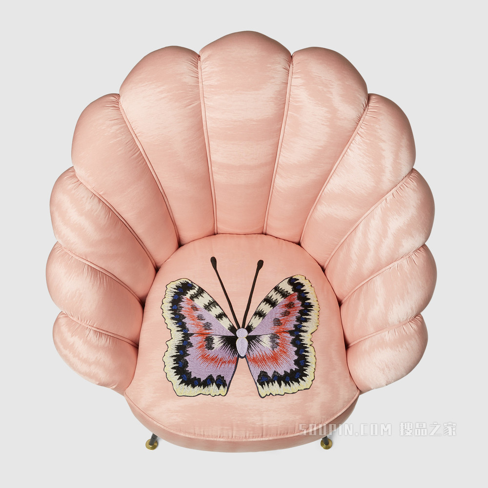 蝴蝶刺绣云纹织物扶手椅 浅粉色云纹织物