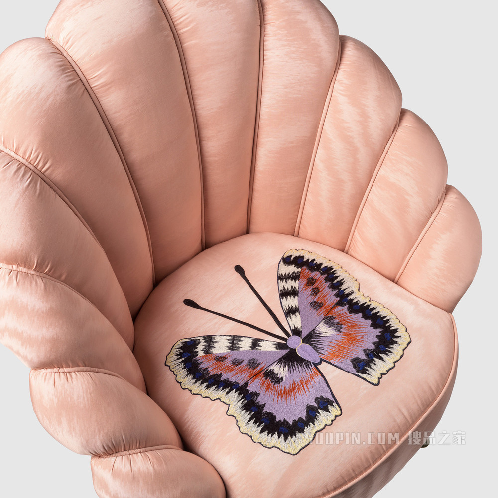 蝴蝶刺绣云纹织物扶手椅 浅粉色云纹织物