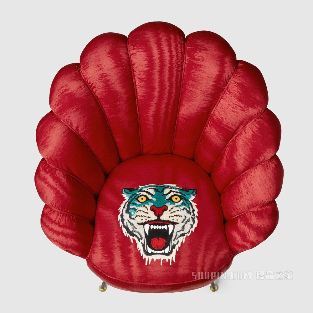 老虎刺绣云纹织物扶手椅 红色云纹