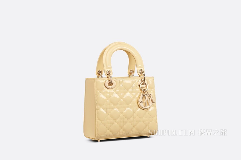 小号 Lady Dior 手袋 浅黄色漆皮牛皮革藤格纹
