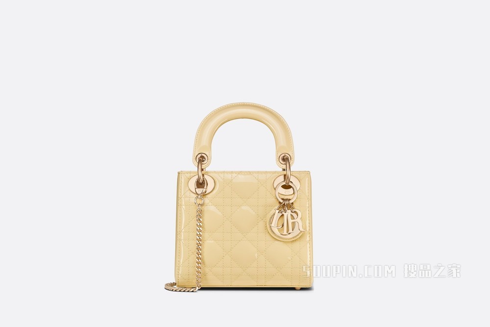 迷你 Lady Dior 手袋 浅黄色漆皮牛皮革藤格纹