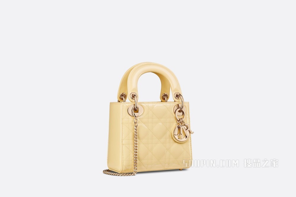 迷你 Lady Dior 手袋 浅黄色漆皮牛皮革藤格纹