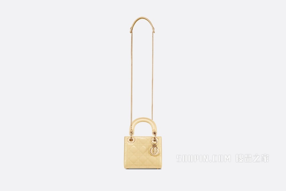 迷你 Lady Dior 手袋 浅黄色漆皮牛皮革藤格纹